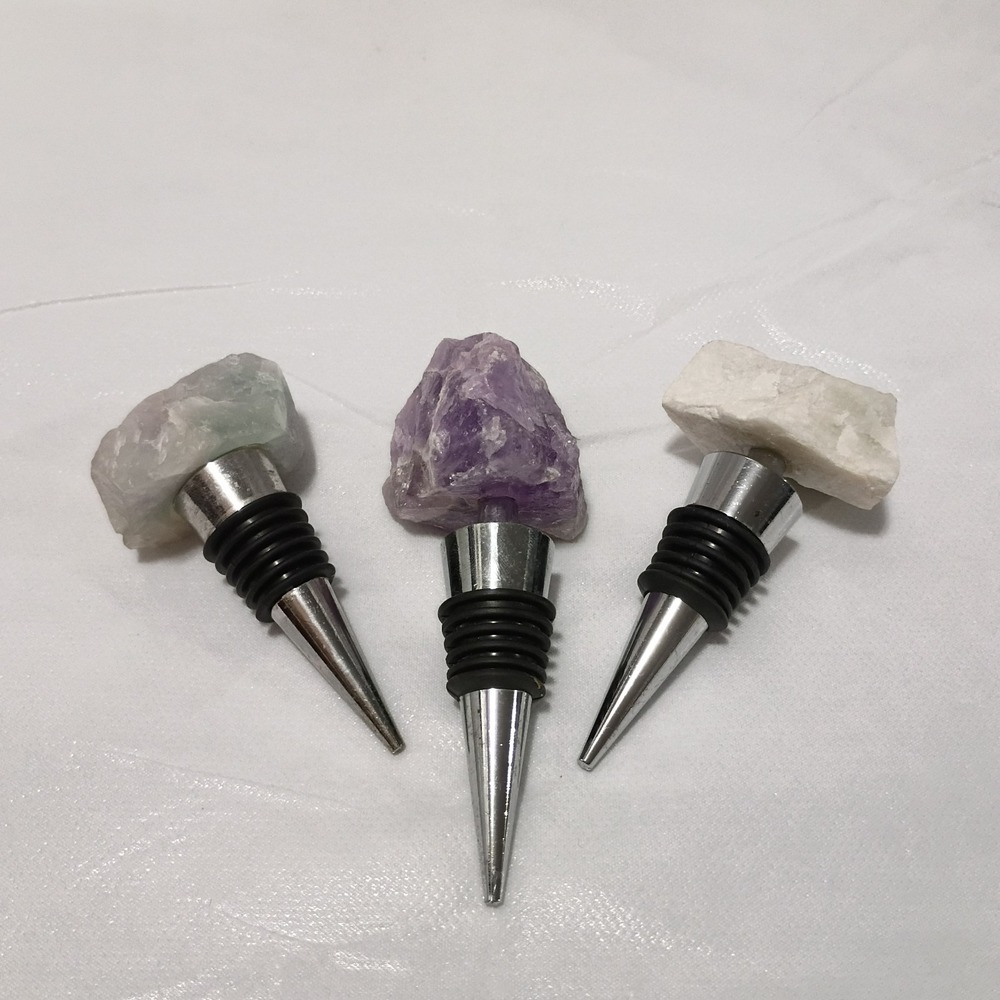 Raw Crystal Topped Wine Bottle Stoppers. Set Of 3. Blue Purple And White